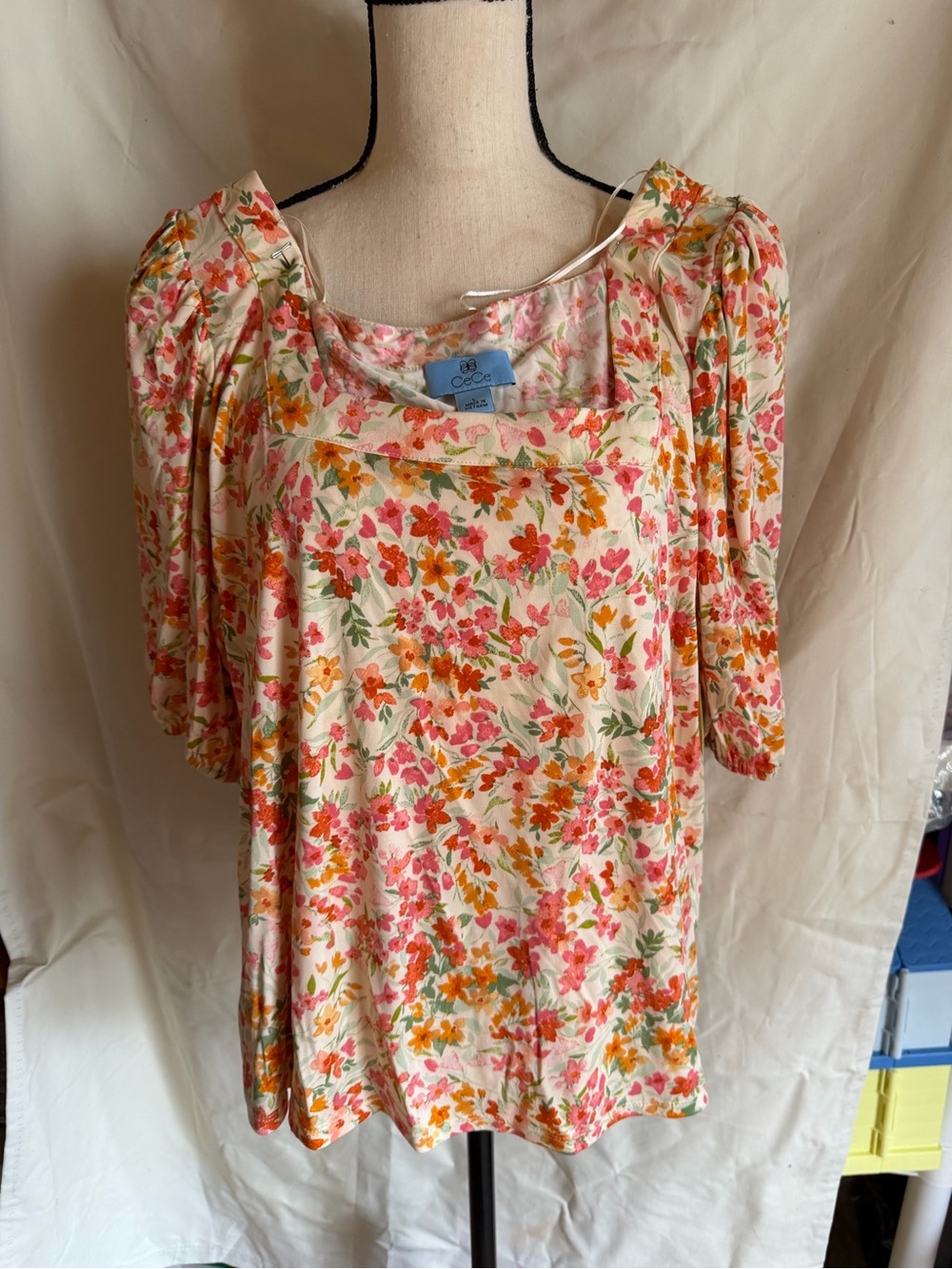 NWT CeCe Cream Floral Long-Sleeve Square Neck Blouse with Pink & Orange Flowers